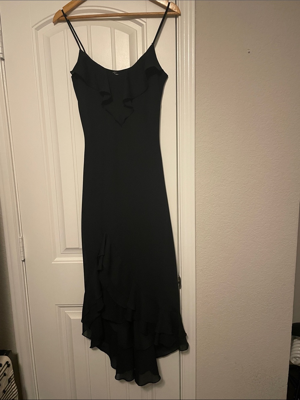 Black Ruffle Slip Dress Chiffon feel fully lined size small.